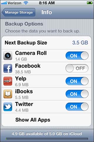 Enable disable backup options
