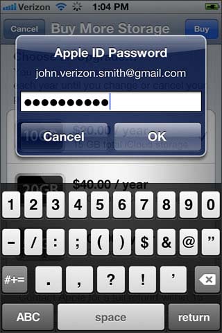 Enter apple id and password then select OK