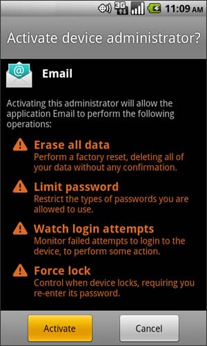 Activate device administrator screen with Activate