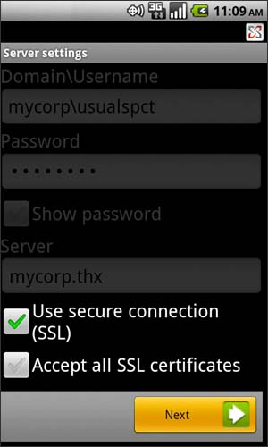 Exchange server settings with Next