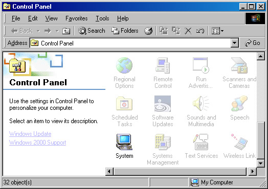 Control Panel with focus on selecting System
