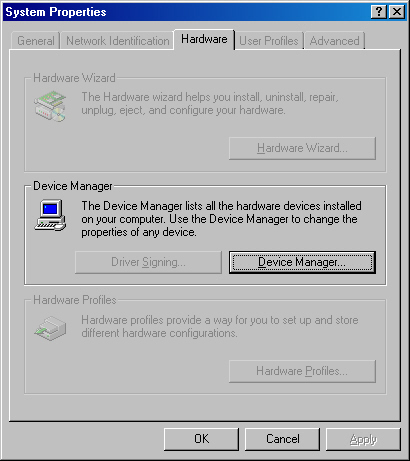 System properties Hardware tab with focus on selecting Device Manager