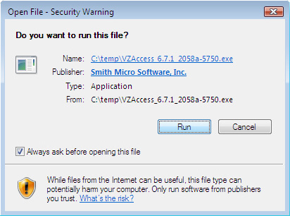 VZAccess Manager install open file security warning screen
