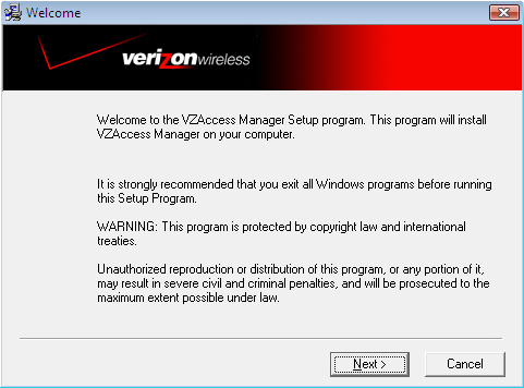 VZAccess Manager install welcome screen