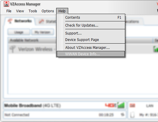 Help Menu, WWAN Device Info