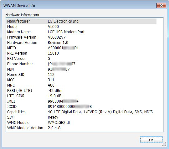 WWAN Device Info screen