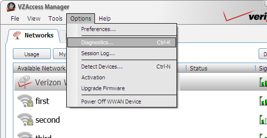 VZAccess Manager main screen with focus on navigating to diagnostics
