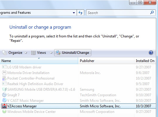 Uninstall or change a program with VZAccess Manager highlighted