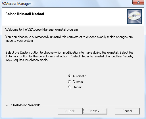 Select Uninstall Method screen with Automatic highlighted