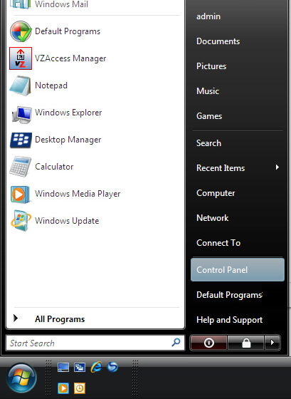 Start menu with focus on selecting Control Panel