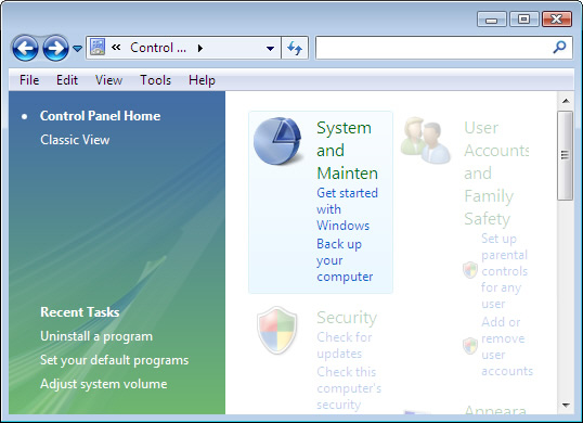Control Panel with focus on selecting System and Maintenance