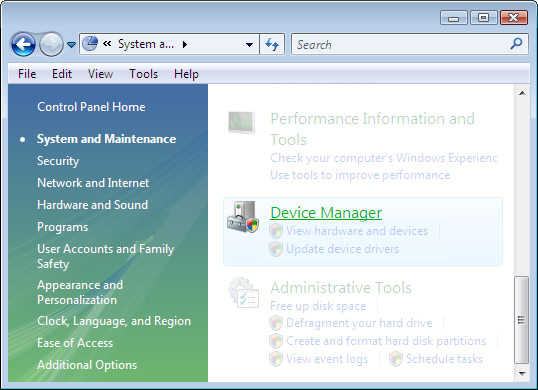 System and Maintenance menu with focus on selecting Device Manager