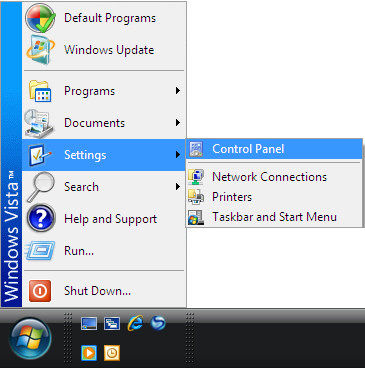 Classic Start menu with focus on selecting Control Panel