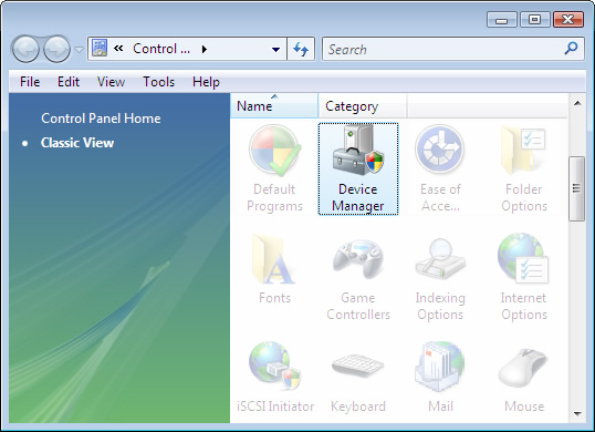 Control Panel with focus on selecting Device Manager