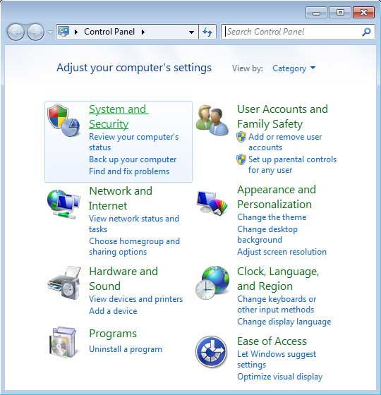 Control Panel with focus on selecting System and Security