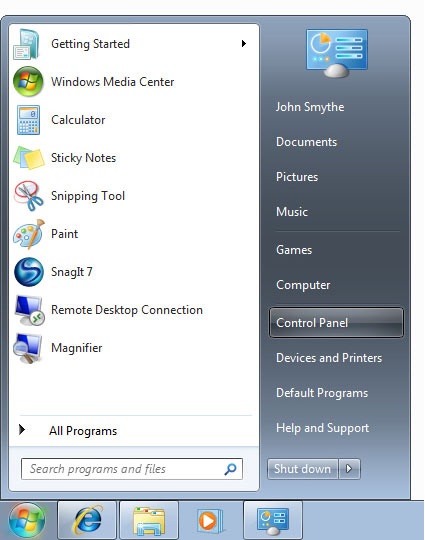 Start menu with focus on selecting Control Panel