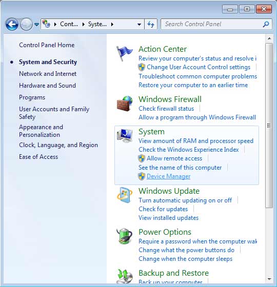 Control Panel with focus on selecting System and Security