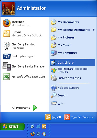 Start menu with focus on selecting Control Panel