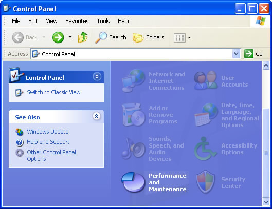 Control Panel with focus on selecting Performance and Maintenance