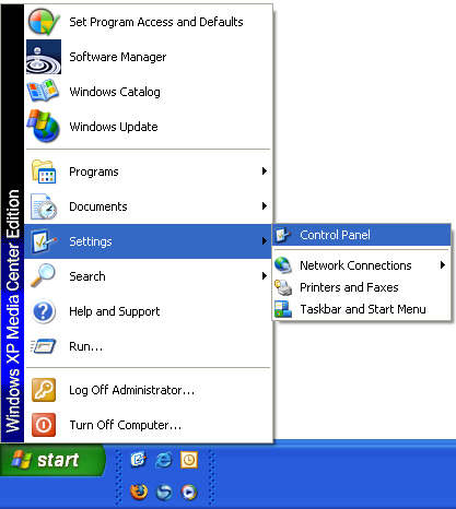 Classic Start menu with focus on selecting Control Panel