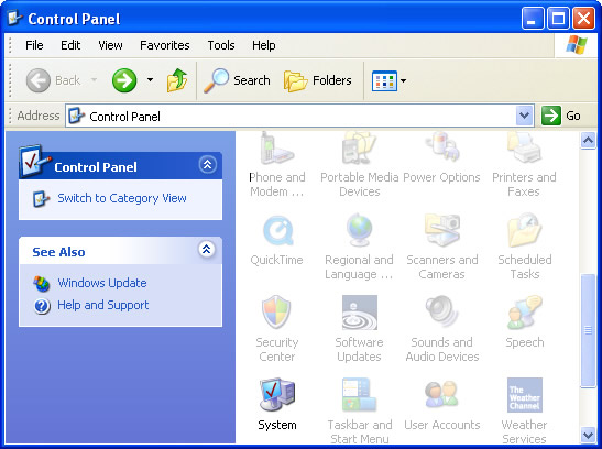 Control Panel with focus on selecting System
