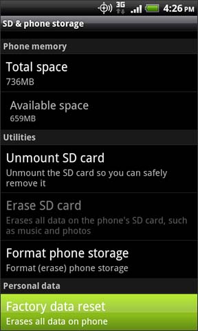 SD & phone storage with Factory data reset