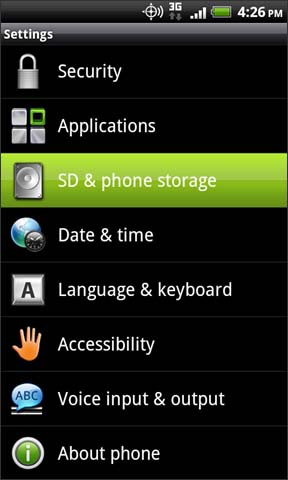 Settings with SD & phone storage