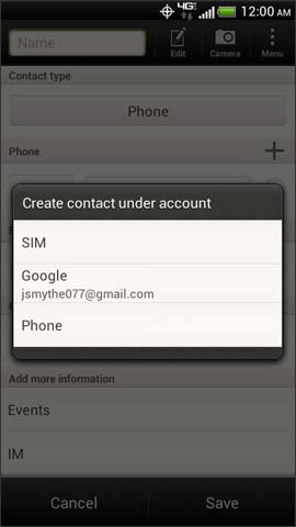 Create contacts under account screen options