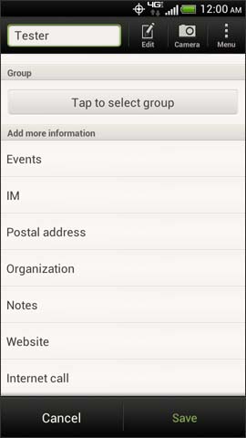 Contacts screen, Save