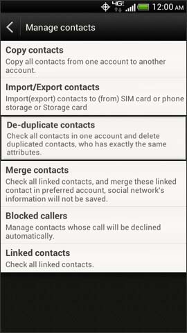 Contact menu, De-duplicate contacts