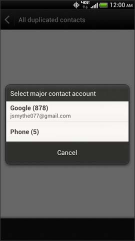Select major contact account screen options