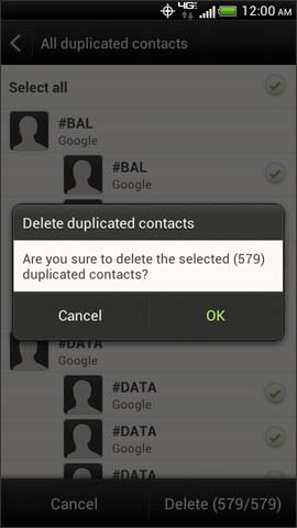 Delete duplicated contacts confirmation screen