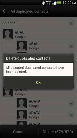 Contacts deletion confirmation screen