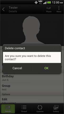 Delete contact confirmation screen, OKOK to confirm