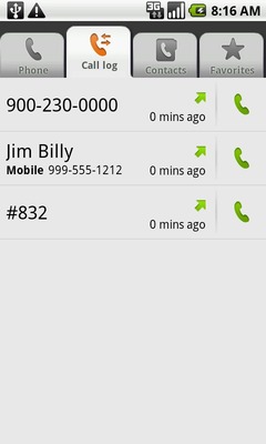 Touch the Call log tab to display call history