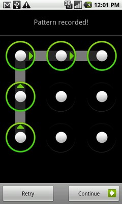 Draw a pattern on the screen connecting at least three dots then touch Continue