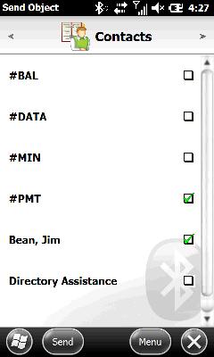 Ensure Contacts is displayed in the Top menu, check the desired contact(s) then touch Send