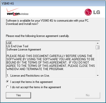 License Agreement with I agree and Yes