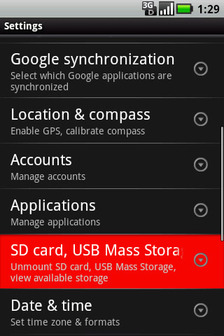 Settings with SD card, USB Mass Storage, & phone storage