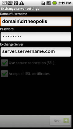 Exhange Server settings