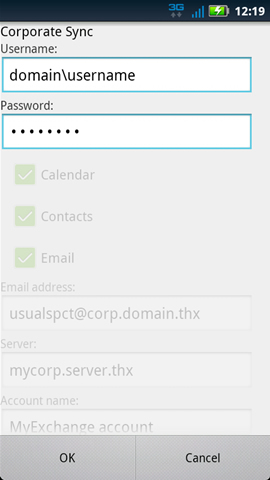 Corporate Sync settings with Username and Password