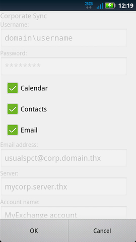 Corporate Sync settings with Calendar, Contacts, and Email