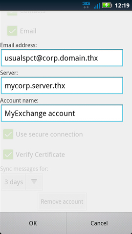 Corporate Sync settings with Email address, Server, Account name