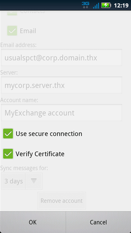 Corporate Sync settings with Use secure connection and Verify Certificate