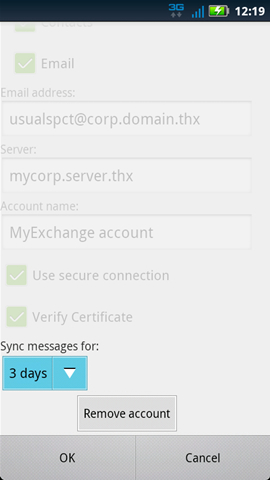 Corporate Sync settings with Sync messages for drop down menu