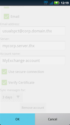 Corporate Sync settings with OK