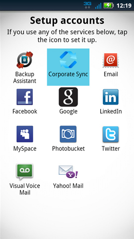 Setup accounts, Corporate Sync