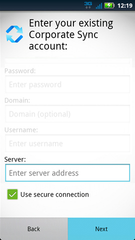 Enter Corporate Sync Server, Next