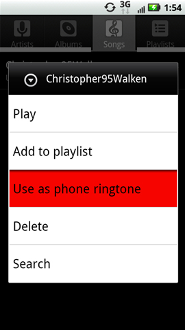 Song options with Use as phone ringtone