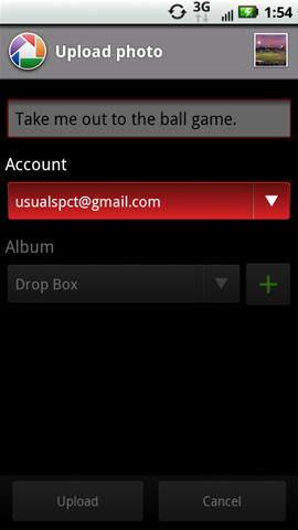 Upload photo with Account drop down menu